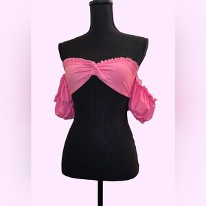 DOLLS KILL Ruffle Pink Bathing Suit Swim Top with Puffy Sleeves